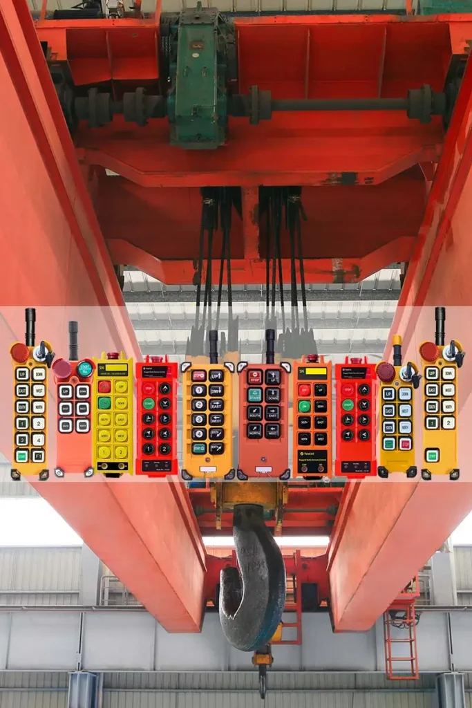 A double girder overhead crane featuring several compatible industrial radio remote controls, showcasing the integration of wireless technology for efficient crane operation.