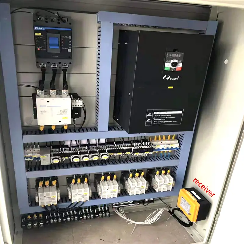Photo of an overhead crane control cabinet containing various electrical equipment for controlling crane movements, including an installed receiver for the overhead crane radio remote control.