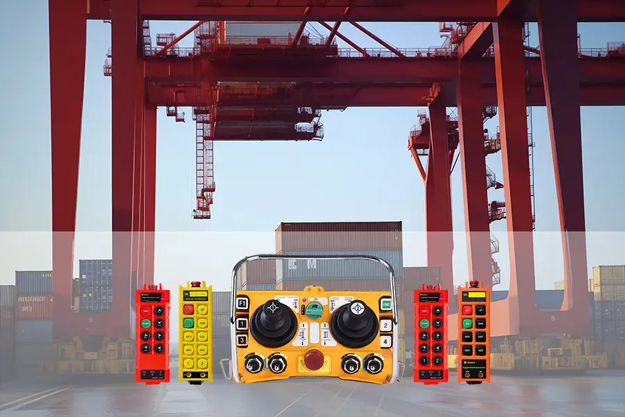 Gantry crane at a container terminal equipped with various wireless radio remote controls, demonstrating the flexibility and efficiency of using wireless systems for handling and lifting operations.